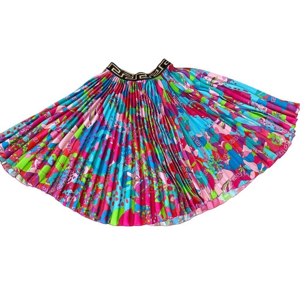 Versace  1010140 Girls Pleated‎ Skirt, Flowers Greca Twill, Size 5A